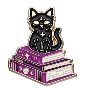 Mystical Celestial Black Witchy Cat on a Spell Book Pile Gold Tone Enamel Pin